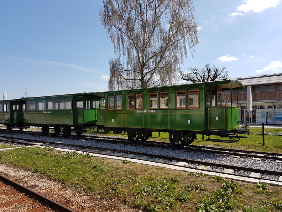 Vintage German train at Chiemsee lake in Germany during a day trip in the spring