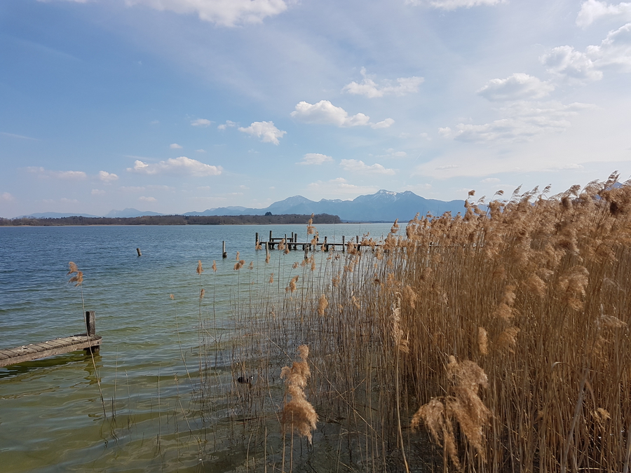 Chiemsee lake in Germany day trip in the spring, Alps in the background, Bavarian lake