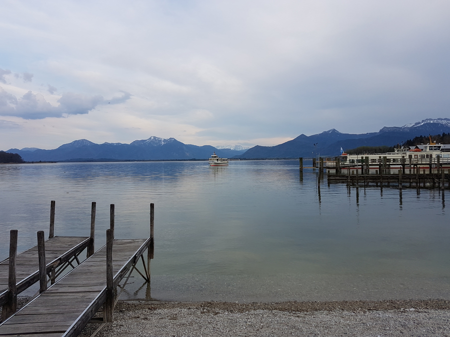 Chiemsee lake in Germany day trip in the spring, Bavarian lake trip, sunset