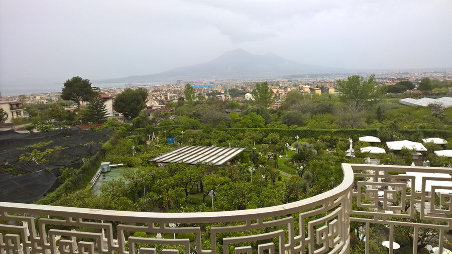 Fancy hotel balcony view Vesuvio, Southern Italy, Sorrento, Amalfi, Naples bay