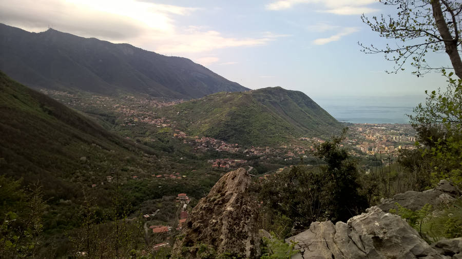View hiking trail, Southern Italy, Sorrento, Amalfi, Naples bay, rocks, Vesuvio volcano