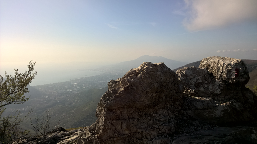 Sunset view hiking trail, Southern Italy, Sorrento, Amalfi, Naples bay, rocks, Vesuvio volcano