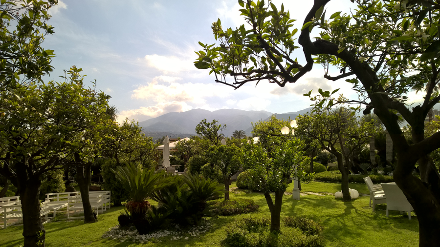 Fancy hotel, sunny day, blue skies, romantic, views, Vesuvio volcano, paradise, citrus gardens, Southern Italy, Sorrento, Amalfi, Naples bay