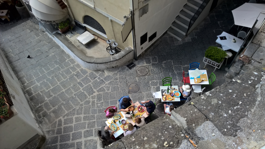 Colourful dining al fresco in Amalfi, Italy, spring