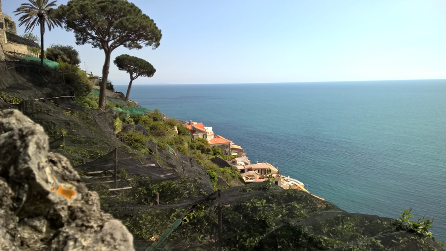 View towards Atrani, Amalfi coast, Italy, spring, lemon groves, lemon gardens