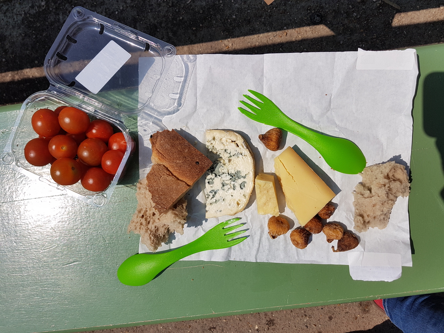 French cheese, bread, fruit, picnic